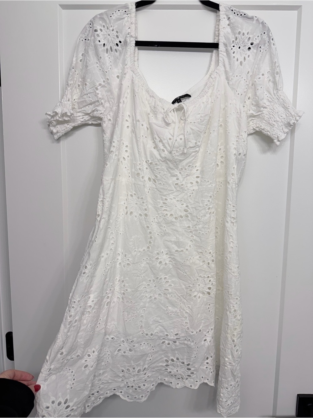 7 for all Mankind White Eyelet Midi Dress with Tie Neck